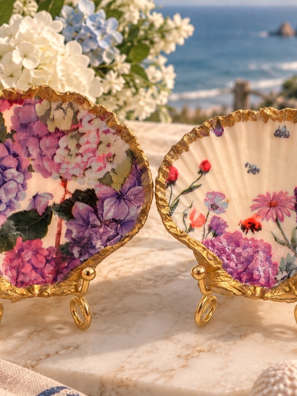 Floral Shell Accent Dish — Purple Floral